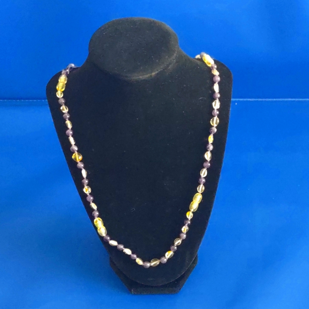 Natural Polished Baltic Yellow Amber with Real Amythyst Gemstone Long Necklace.